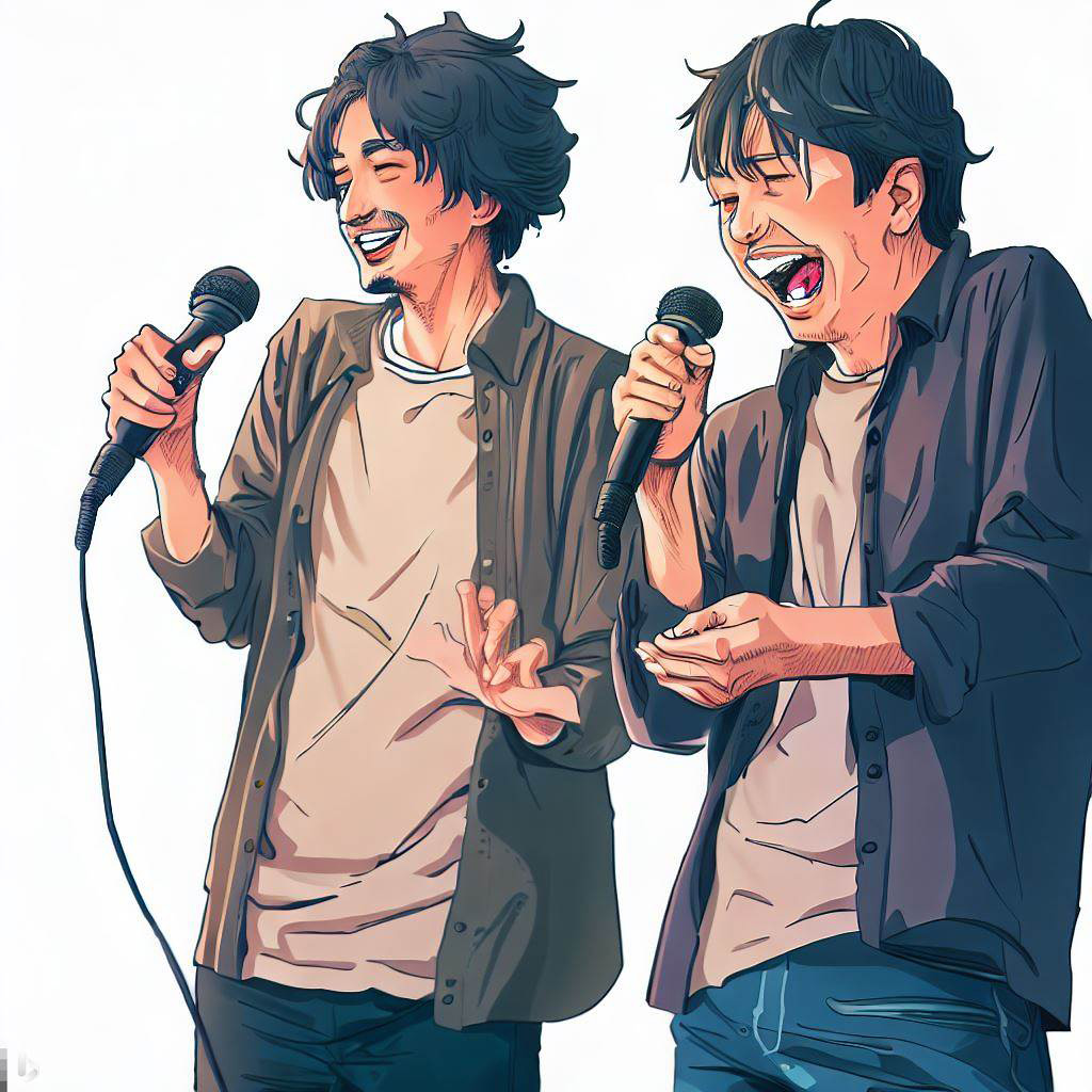 2人の若い日本人の男性が、お笑い芸人としてステージで漫才をする様子。AIで生成。