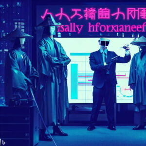 非効率な働き方をする、侍のような姿をした日本企業の営業チーム。 彼らに対して、改善を促す外資系コンサルタント。両者をサイバーパンクな世界観で表現。