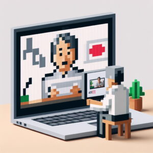 ノートPCの画面に映る日本人の中年男性。彼は今、ウェビナーの講義中。ドット絵で