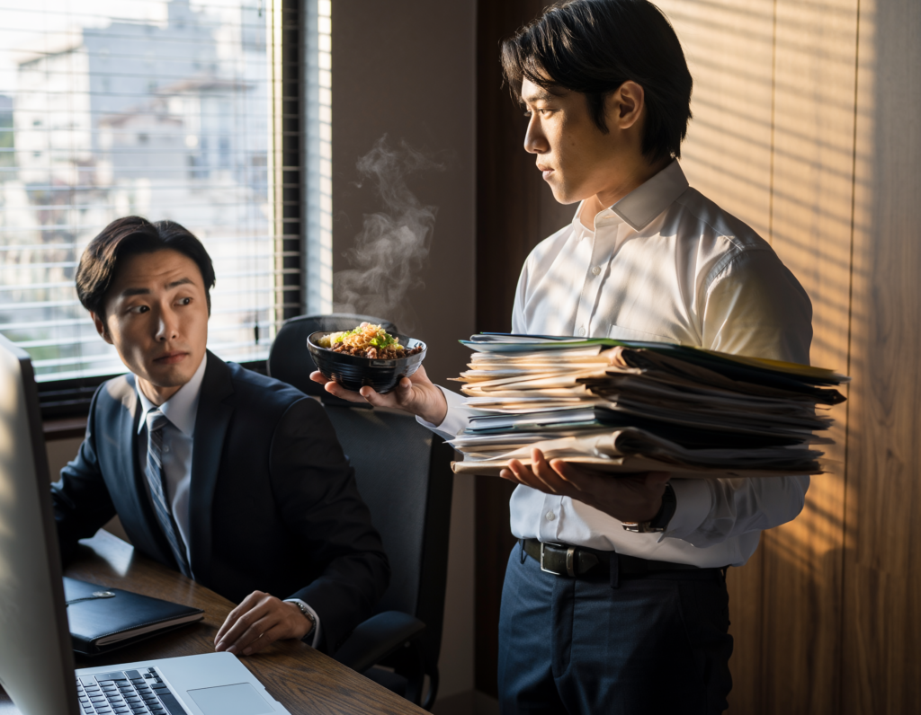 手に牛丼と膨大な資料を抱えた男性が、同僚に詰め寄る。同僚は困惑。